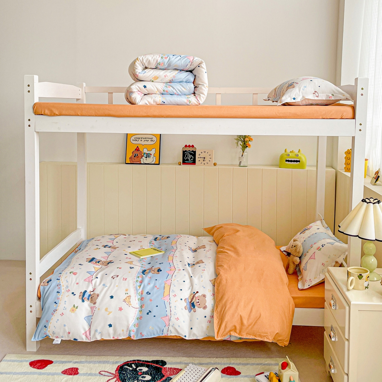 91家纺网 家纺一手货源 找家纺 楠沐家纺 2025新款芦荟棉印花学生宿舍上下铺四件套三件套 派对熊