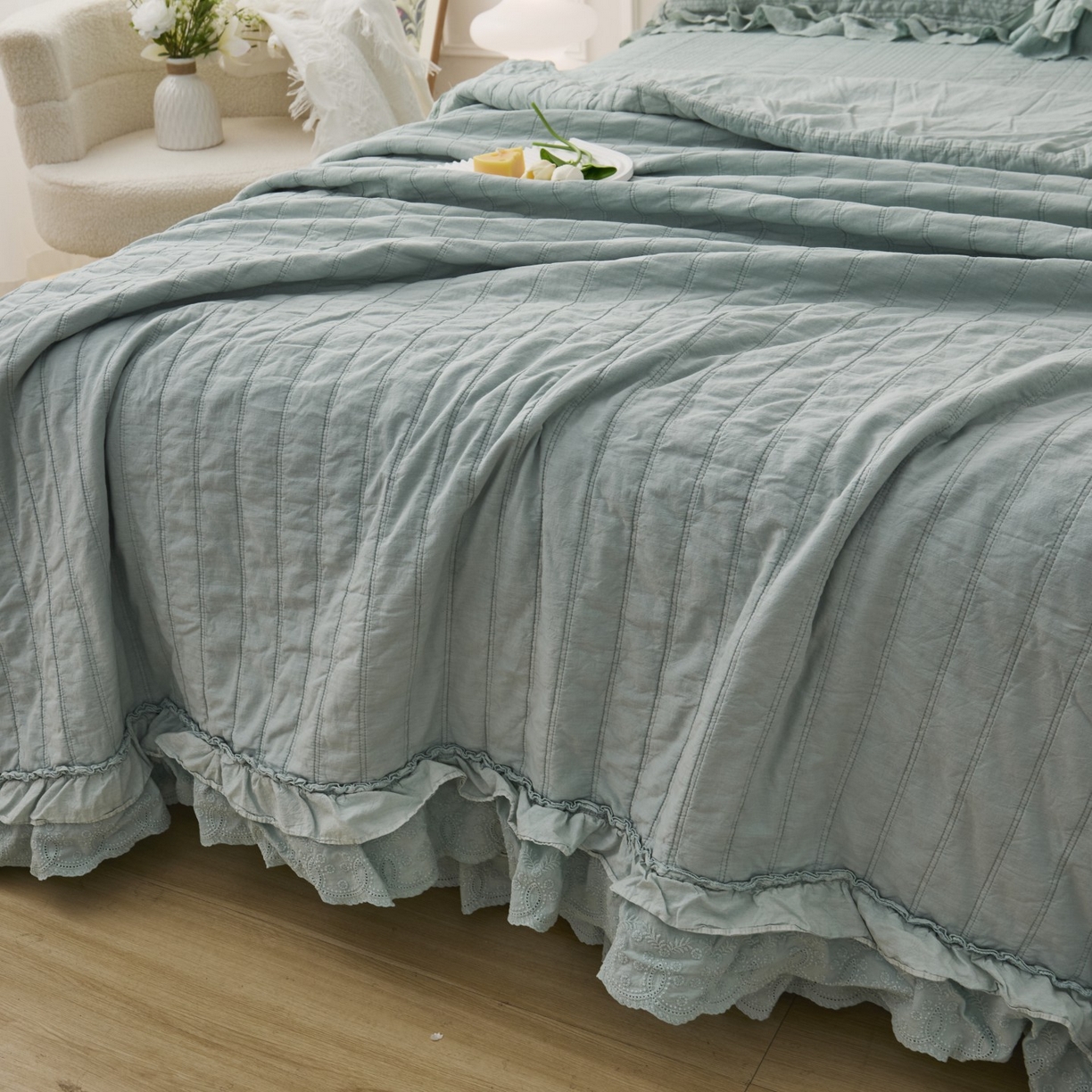 91家纺网 家纺一手货源 找家纺 上喜 2025新款全棉砂洗床盖新升级第五代 湖蓝