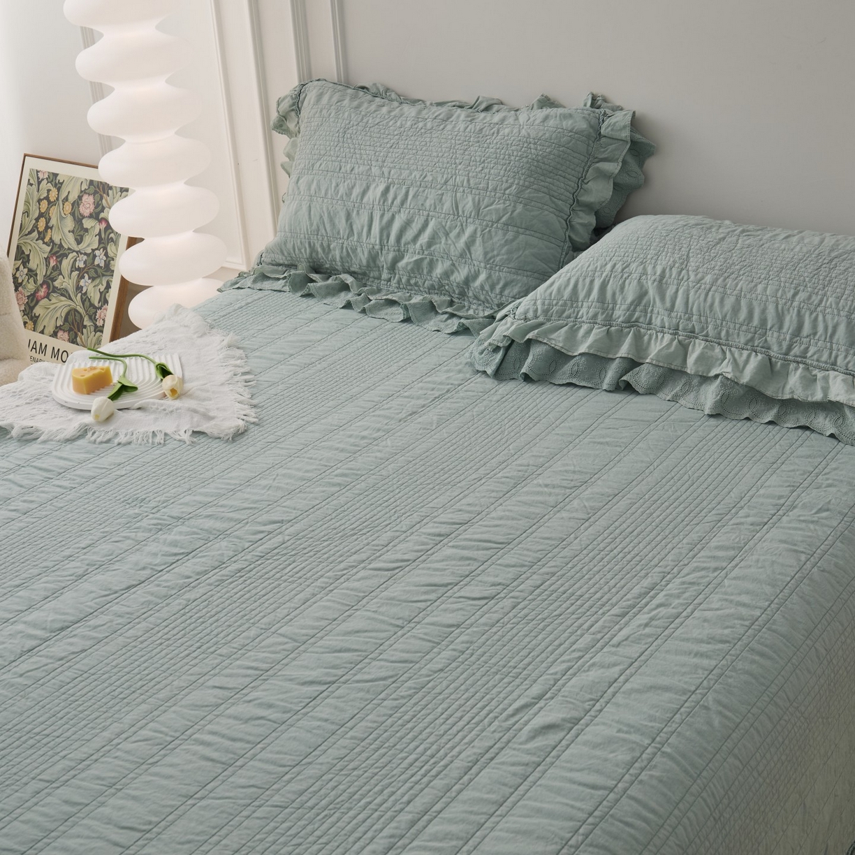 91家纺网 家纺一手货源 找家纺 上喜 2025新款全棉砂洗床盖新升级第五代 湖蓝