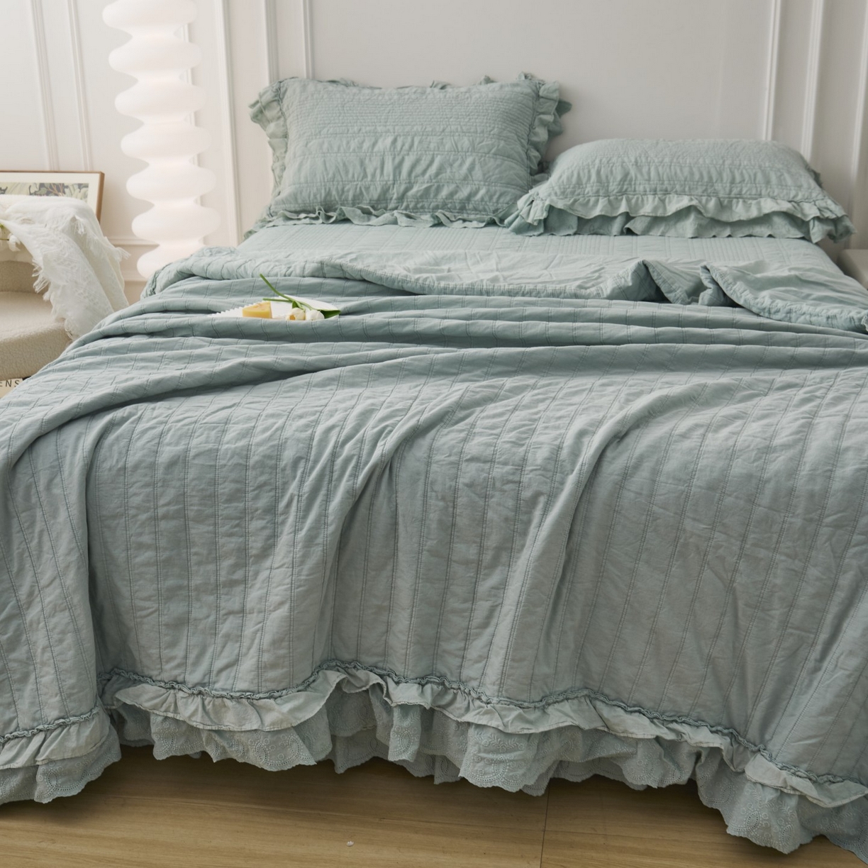 91家纺网 家纺一手货源 找家纺 上喜 2025新款全棉砂洗床盖新升级第五代 湖蓝