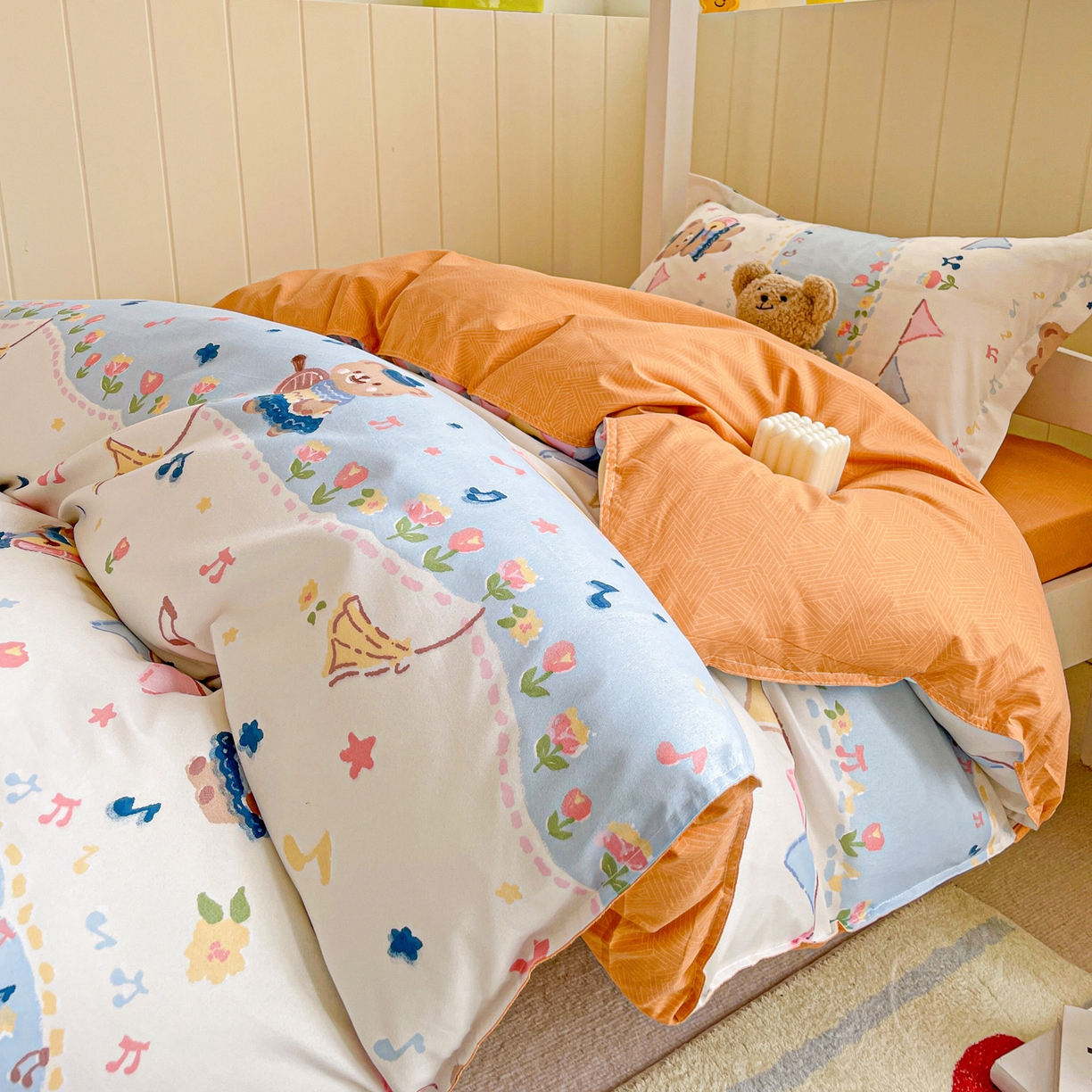 91家纺网 家纺一手货源 找家纺 楠沐家纺 2025新款芦荟棉印花学生宿舍上下铺四件套三件套 派对熊