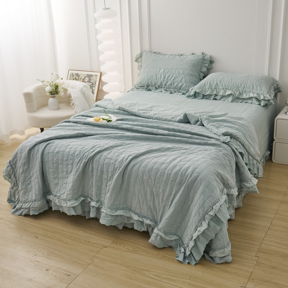 91家纺网 家纺一手货源 找家纺 上喜 2025新款全棉砂洗床盖新升级第五代 湖蓝