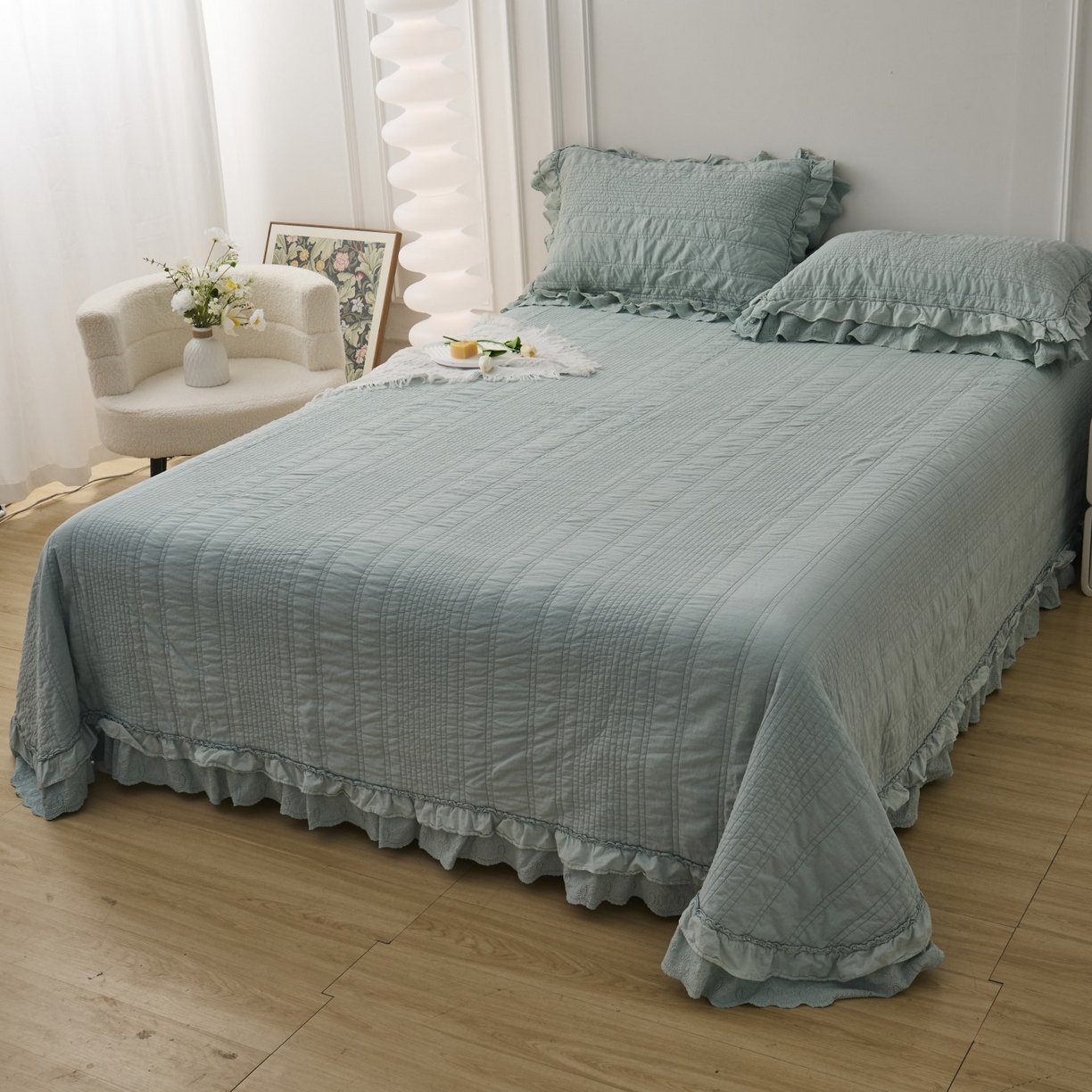 91家纺网 家纺一手货源 找家纺 上喜 2025新款全棉砂洗床盖新升级第五代 湖蓝