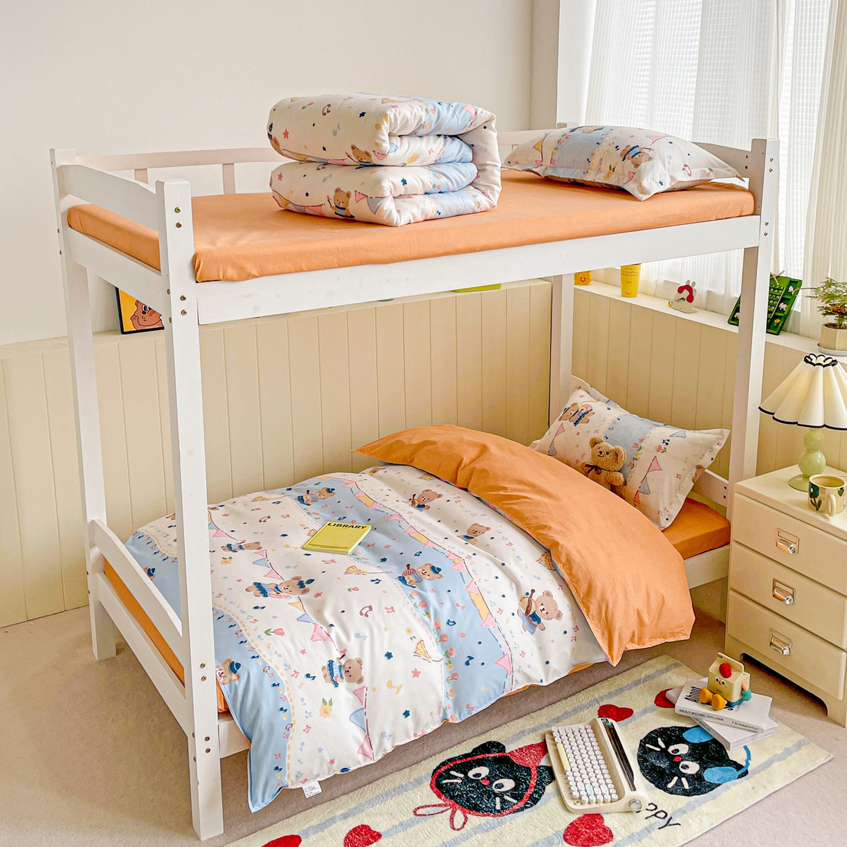 91家纺网 家纺一手货源 找家纺 楠沐家纺 2025新款芦荟棉印花学生宿舍上下铺四件套三件套 派对熊