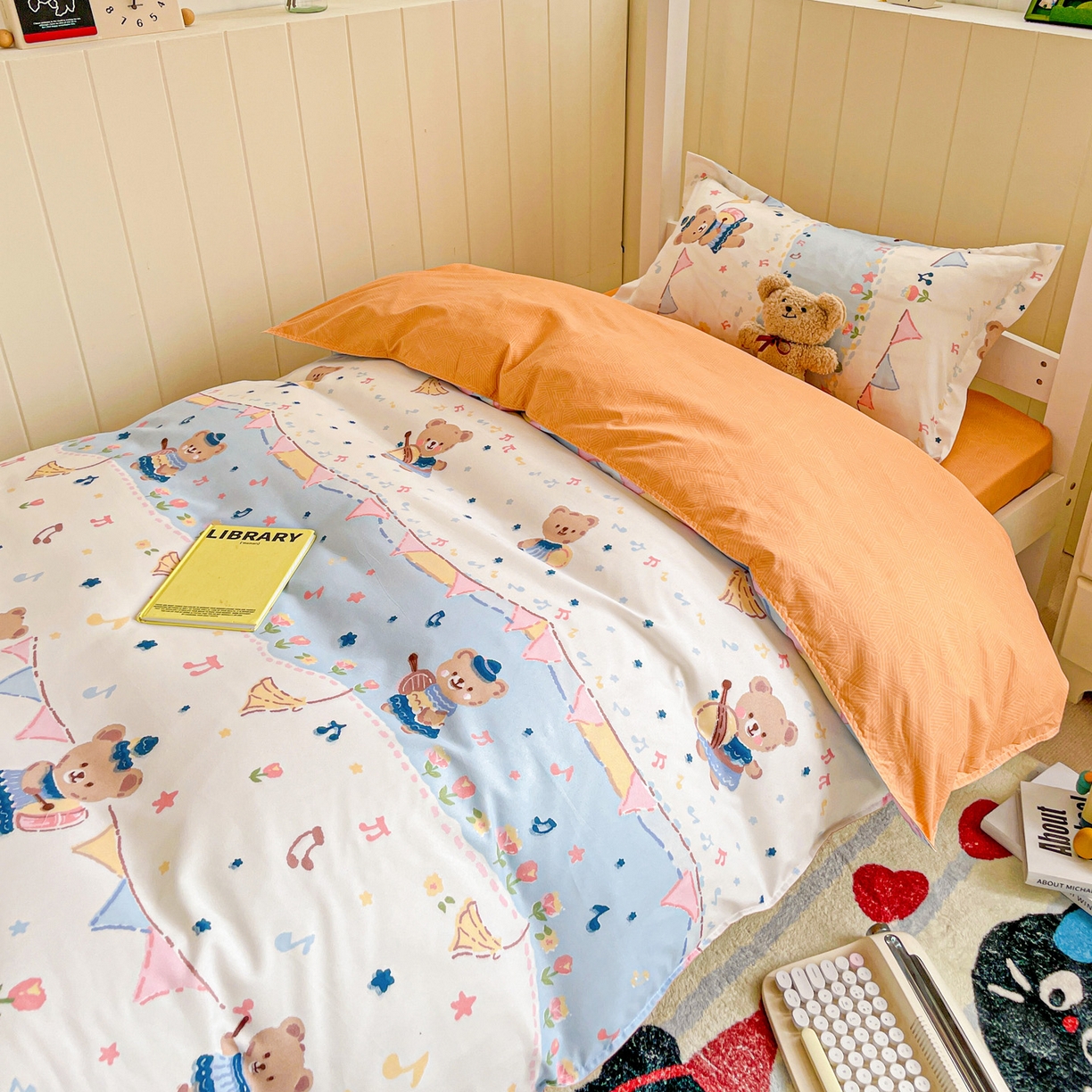 91家纺网 家纺一手货源 找家纺 楠沐家纺 2025新款芦荟棉印花学生宿舍上下铺四件套三件套 派对熊