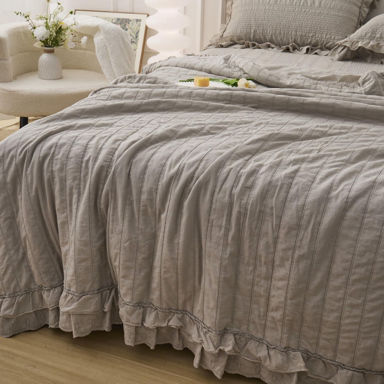 91家纺网 家纺一手货源 找家纺 上喜 2025新款全棉砂洗床盖新升级第五代 深灰