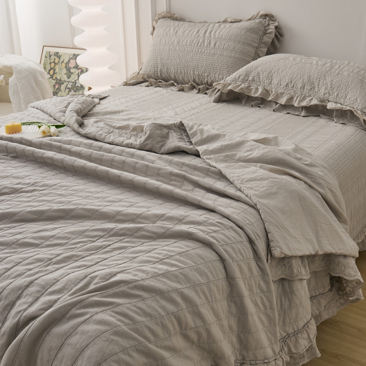 91家纺网 家纺一手货源 找家纺 上喜 2025新款全棉砂洗床盖新升级第五代 深灰