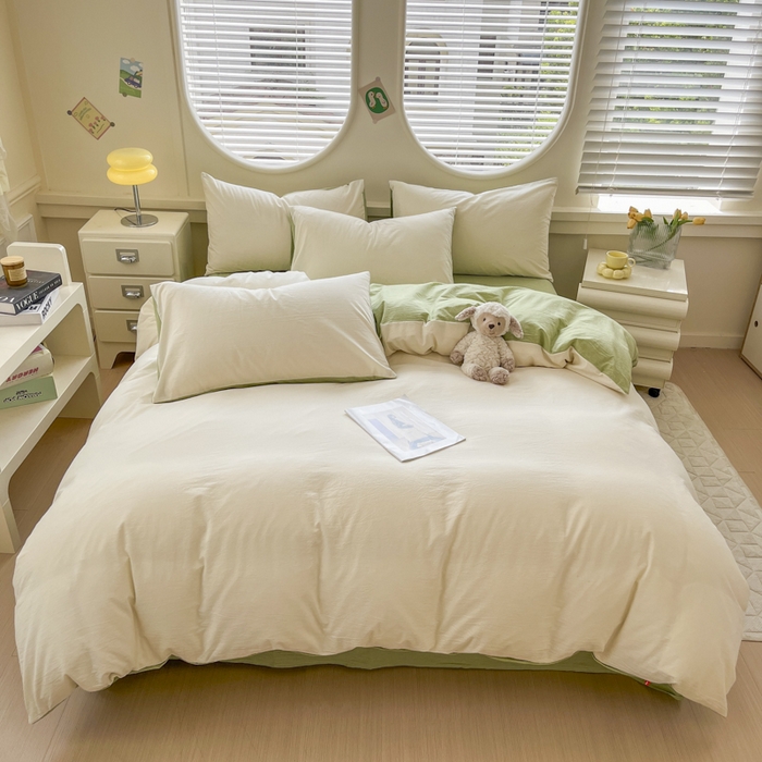 91家纺网 家纺一手货源 找家纺 菡宝 【不断货 预留5公分缩水】a类母婴级纯棉全棉色织水洗棉四件套 支持定制定做尺寸 奶昔白可可绿