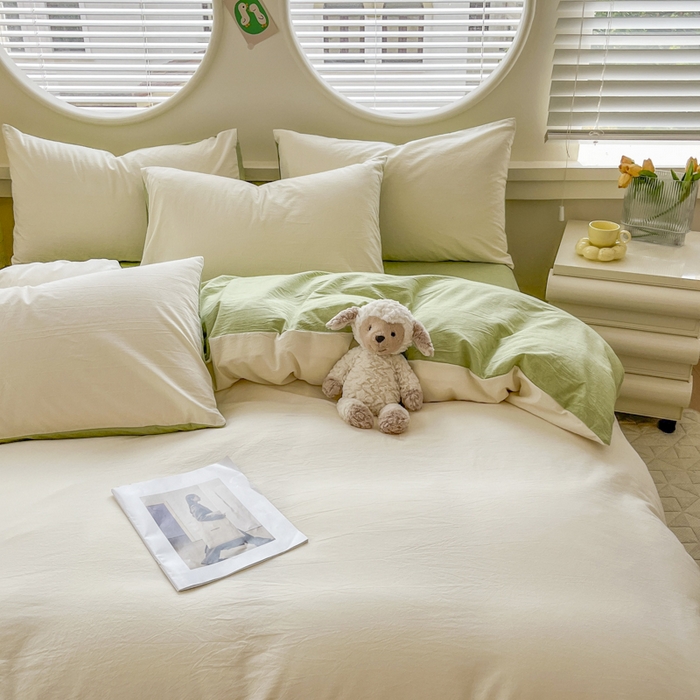 91家纺网 家纺一手货源 找家纺 菡宝 【不断货 预留5公分缩水】a类母婴级纯棉全棉色织水洗棉四件套 支持定制定做尺寸 奶昔白可可绿