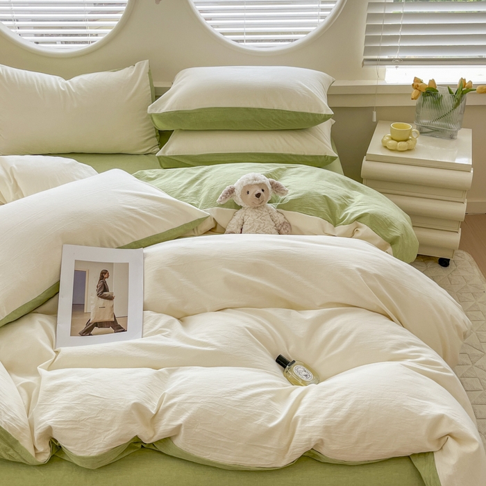 91家纺网 家纺一手货源 找家纺 菡宝 【不断货 预留5公分缩水】a类母婴级纯棉全棉色织水洗棉四件套 支持定制定做尺寸 奶昔白可可绿