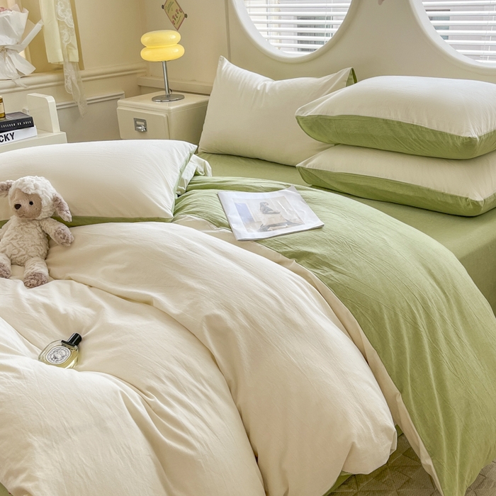 91家纺网 家纺一手货源 找家纺 菡宝 【不断货 预留5公分缩水】a类母婴级纯棉全棉色织水洗棉四件套 支持定制定做尺寸 奶昔白可可绿