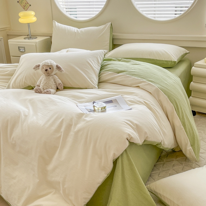 91家纺网 家纺一手货源 找家纺 菡宝 【不断货 预留5公分缩水】a类母婴级纯棉全棉色织水洗棉四件套 支持定制定做尺寸 奶昔白可可绿