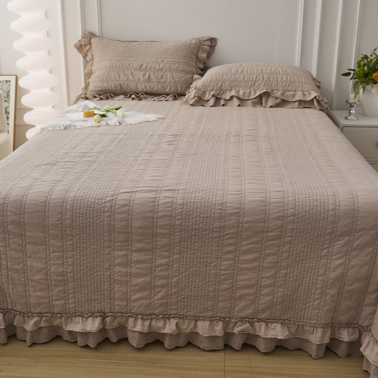 91家纺网 家纺一手货源 找家纺 上喜 2025新款全棉砂洗床盖新升级第五代 深咖