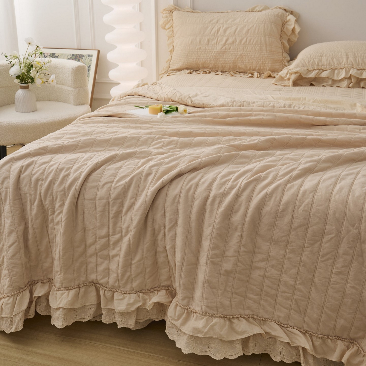 91家纺网 家纺一手货源 找家纺 上喜 2025新款全棉砂洗床盖新升级第五代 奶油米