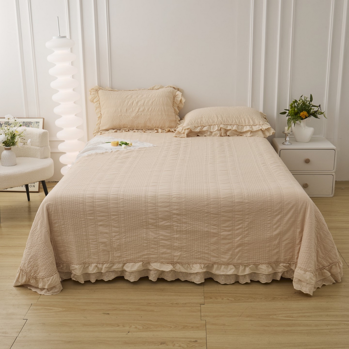 91家纺网 家纺一手货源 找家纺 上喜 2025新款全棉砂洗床盖新升级第五代 奶油米