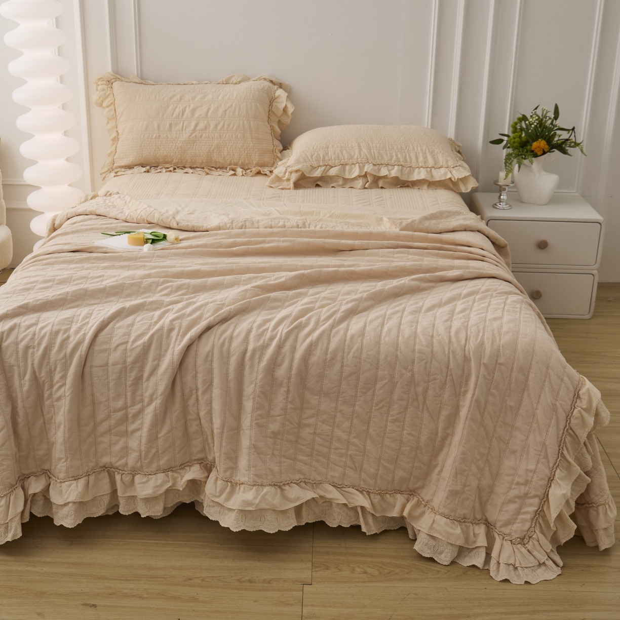 91家纺网 家纺一手货源 找家纺 上喜 2025新款全棉砂洗床盖新升级第五代 奶油米