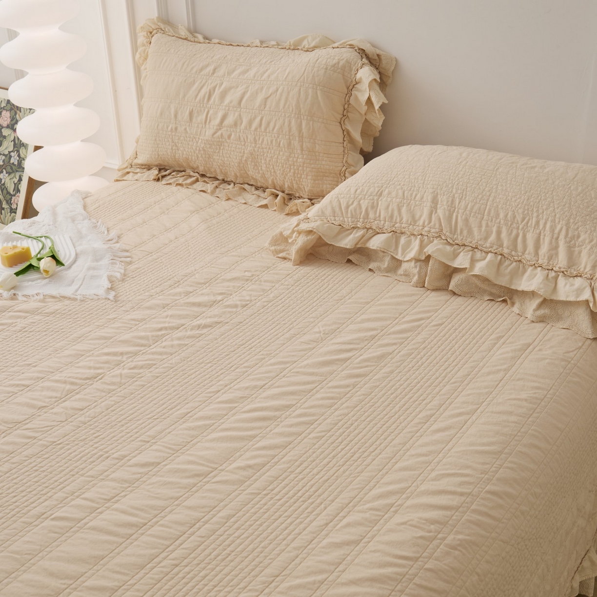 91家纺网 家纺一手货源 找家纺 上喜 2025新款全棉砂洗床盖新升级第五代 奶油米