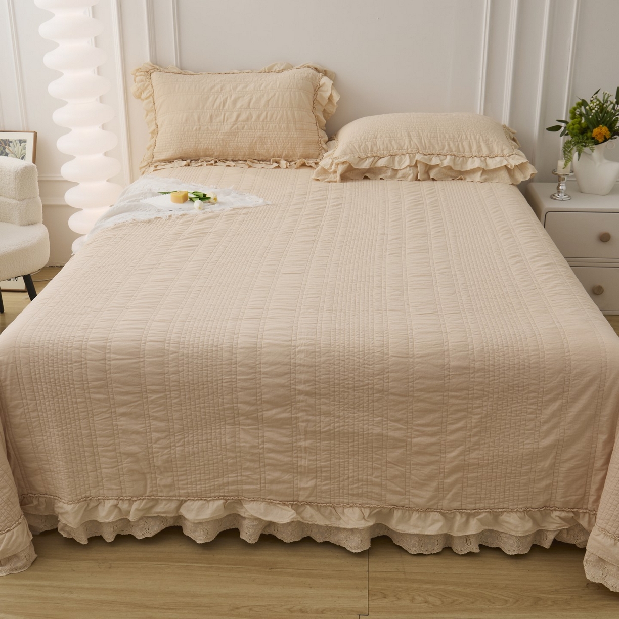 91家纺网 家纺一手货源 找家纺 上喜 2025新款全棉砂洗床盖新升级第五代 奶油米