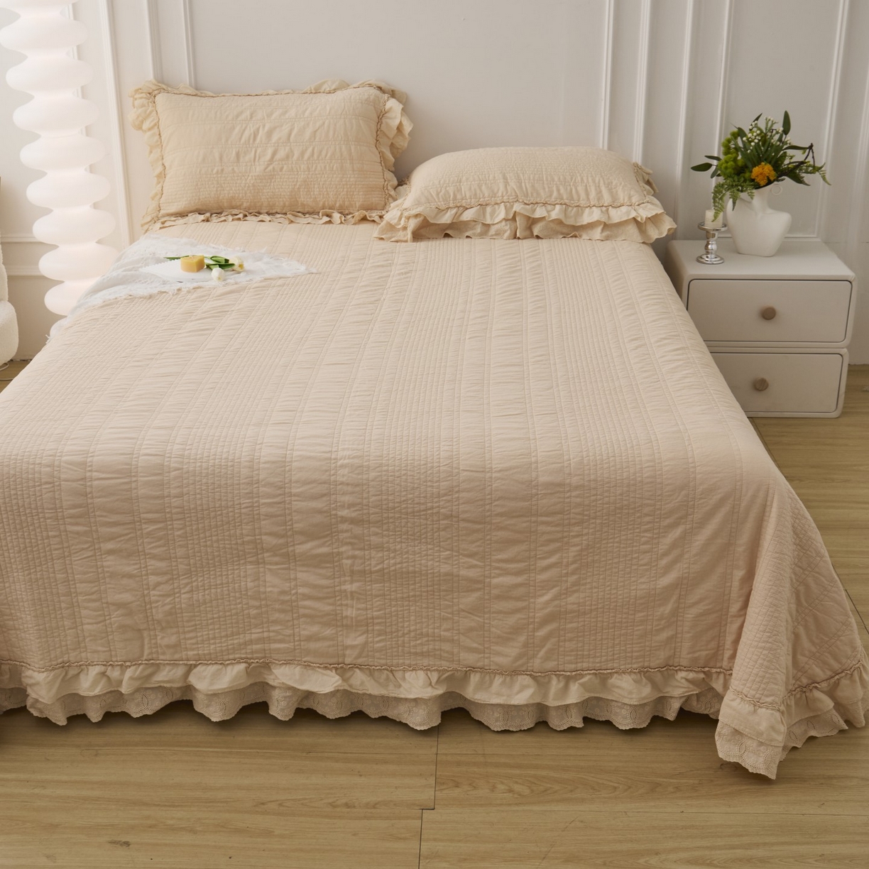 91家纺网 家纺一手货源 找家纺 上喜 2025新款全棉砂洗床盖新升级第五代 奶油米