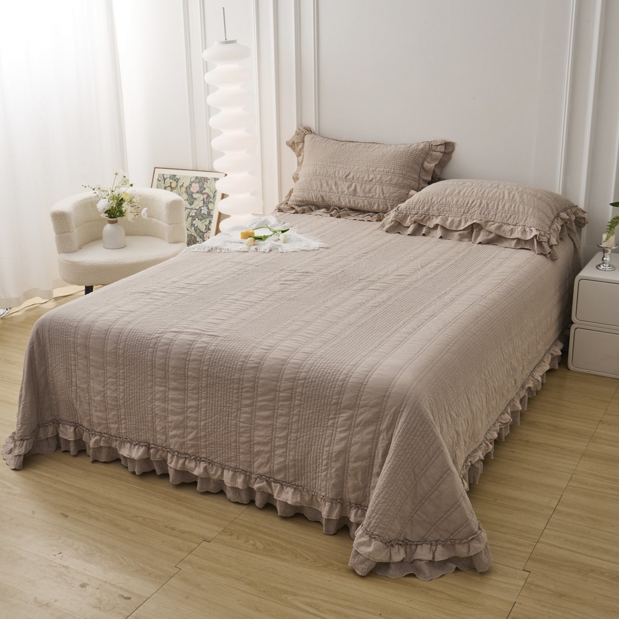 91家纺网 家纺一手货源 找家纺 上喜 2025新款全棉砂洗床盖新升级第五代 深咖