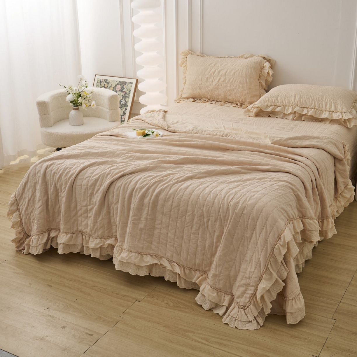 91家纺网 家纺一手货源 找家纺 上喜 2025新款全棉砂洗床盖新升级第五代 奶油米