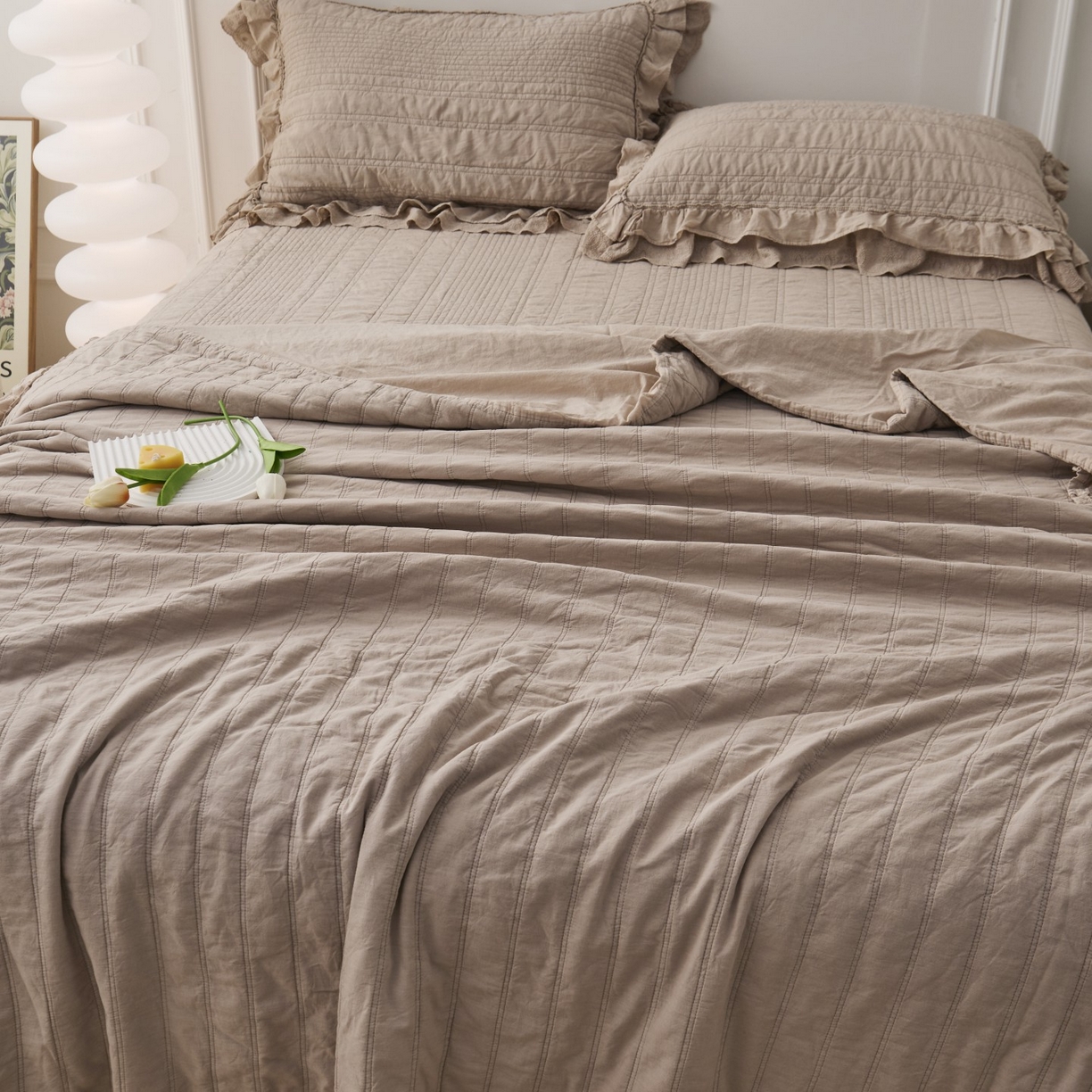 91家纺网 家纺一手货源 找家纺 上喜 2025新款全棉砂洗床盖新升级第五代 深咖