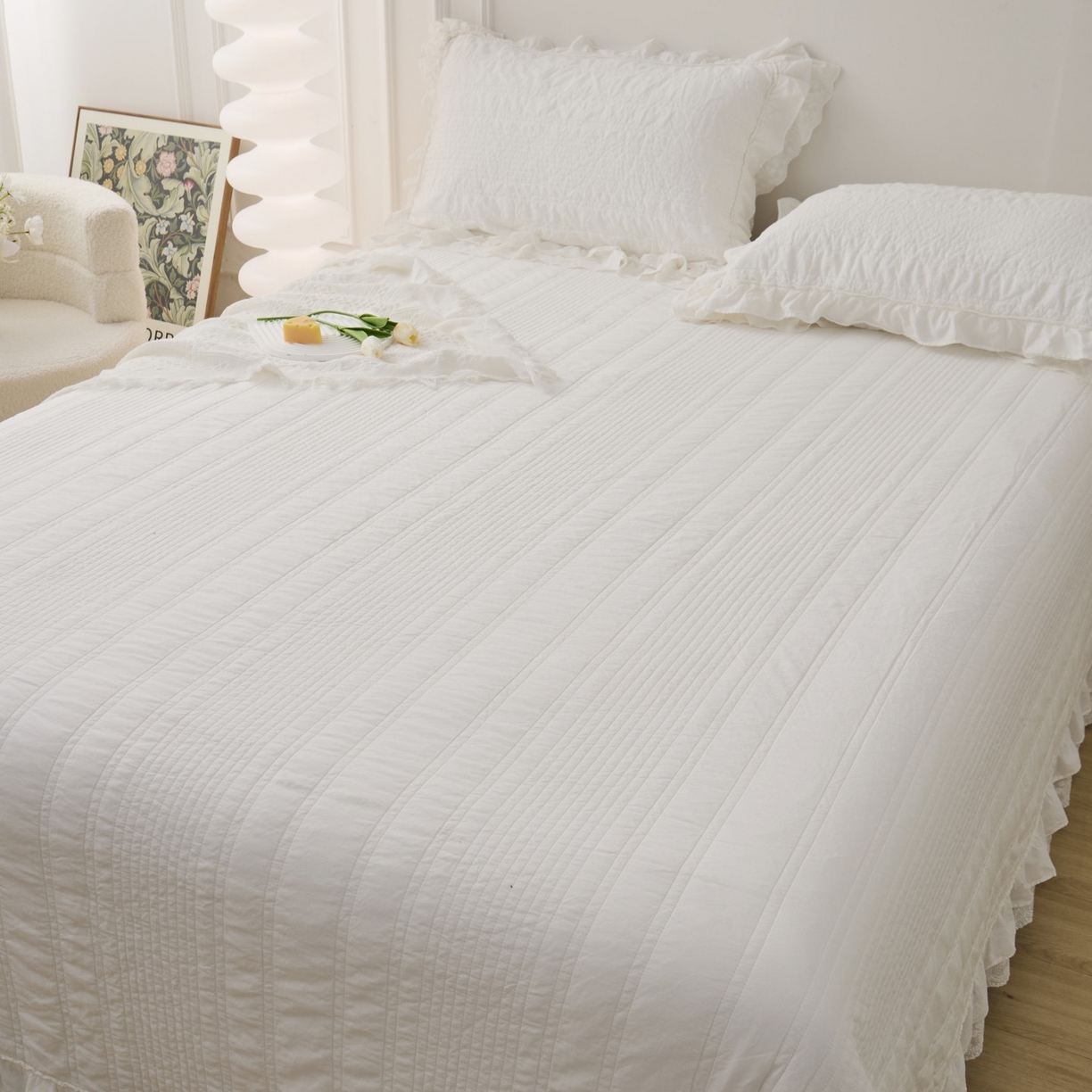 91家纺网 家纺一手货源 找家纺 上喜 2025新款全棉砂洗床盖新升级第五代 白色