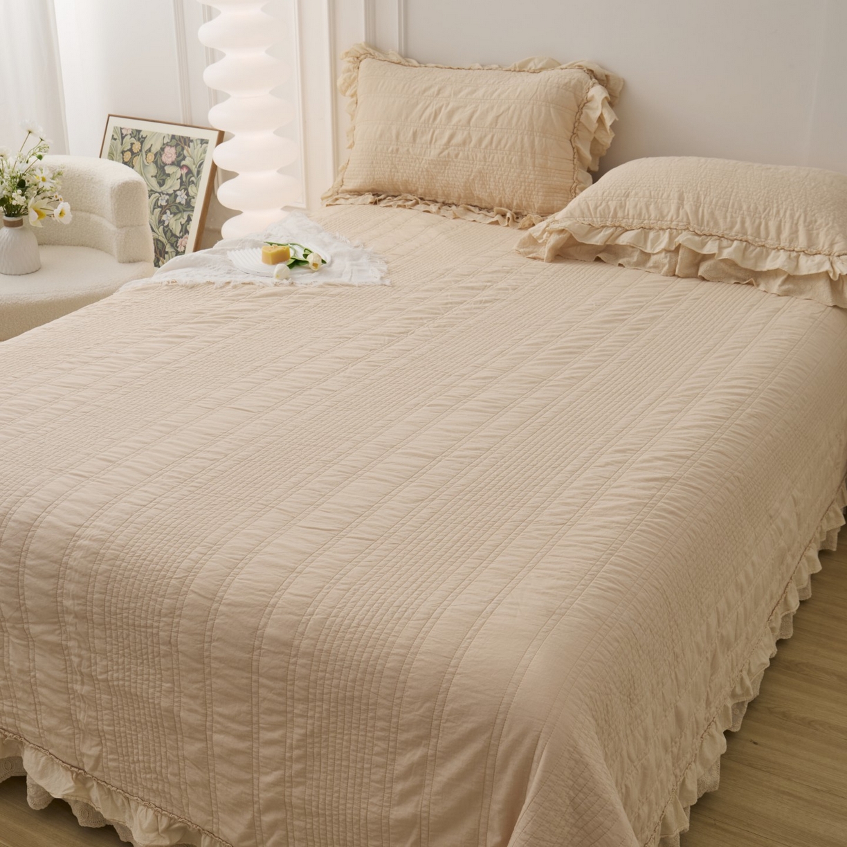 91家纺网 家纺一手货源 找家纺 上喜 2025新款全棉砂洗床盖新升级第五代 奶油米