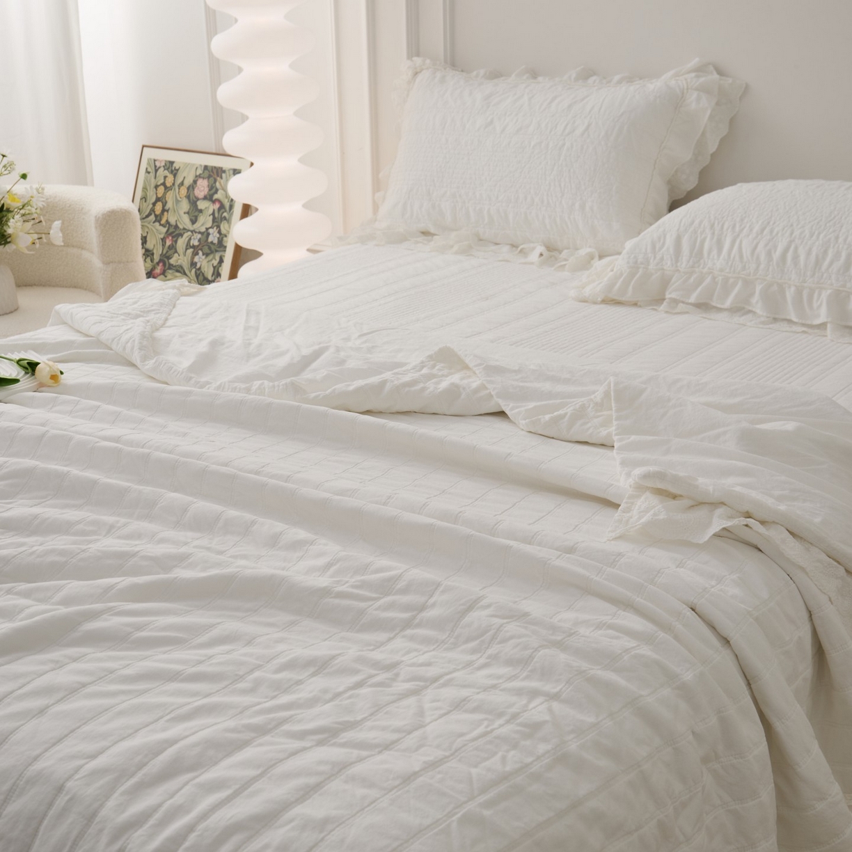 91家纺网 家纺一手货源 找家纺 上喜 2025新款全棉砂洗床盖新升级第五代 白色