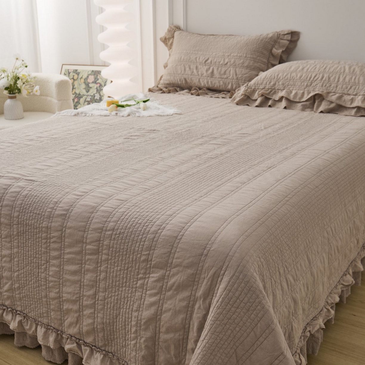 91家纺网 家纺一手货源 找家纺 上喜 2025新款全棉砂洗床盖新升级第五代 深咖