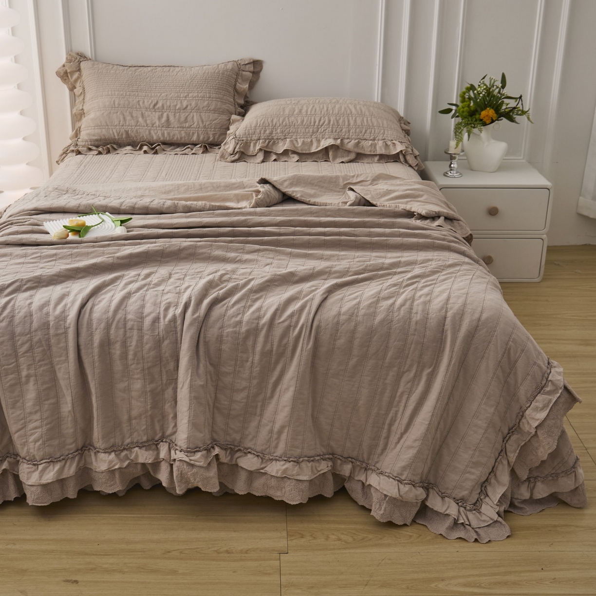 91家纺网 家纺一手货源 找家纺 上喜 2025新款全棉砂洗床盖新升级第五代 深咖