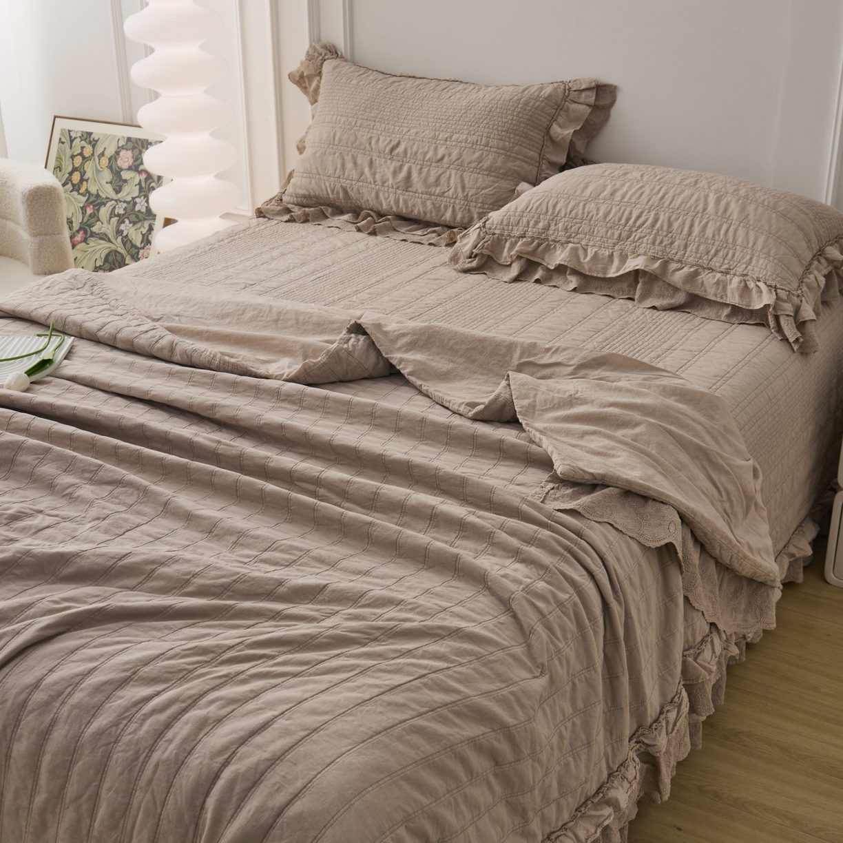 91家纺网 家纺一手货源 找家纺 上喜 2025新款全棉砂洗床盖新升级第五代 深咖