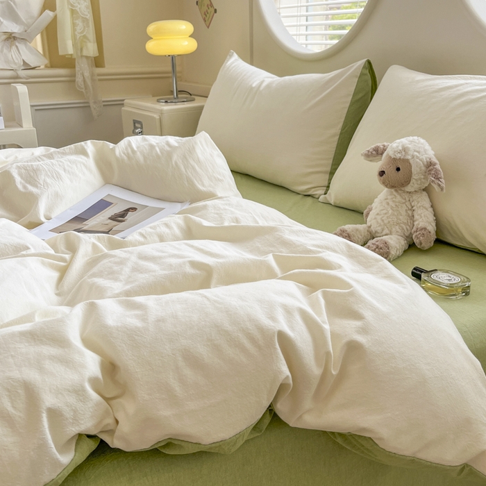 91家纺网 家纺一手货源 找家纺 菡宝 【不断货 预留5公分缩水】a类母婴级纯棉全棉色织水洗棉四件套 支持定制定做尺寸 奶昔白可可绿