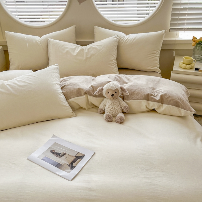 91家纺网 家纺一手货源 找家纺 菡宝 【不断货 预留5公分缩水】a类母婴级纯棉全棉色织水洗棉四件套 支持定制定做尺寸 奶昔白米卡其