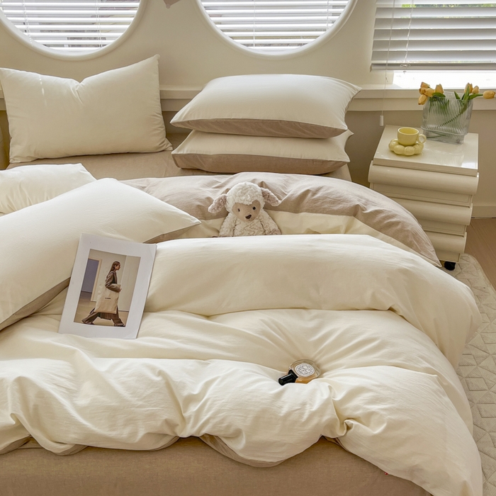 91家纺网 家纺一手货源 找家纺 菡宝 【不断货 预留5公分缩水】a类母婴级纯棉全棉色织水洗棉四件套 支持定制定做尺寸 奶昔白米卡其