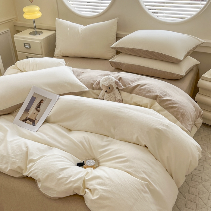 91家纺网 家纺一手货源 找家纺 菡宝 【不断货 预留5公分缩水】a类母婴级纯棉全棉色织水洗棉四件套 支持定制定做尺寸 奶昔白米卡其