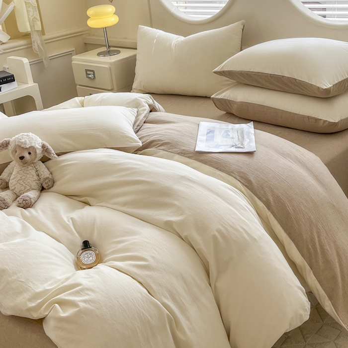 91家纺网 家纺一手货源 找家纺 菡宝 【不断货 预留5公分缩水】a类母婴级纯棉全棉色织水洗棉四件套 支持定制定做尺寸 奶昔白米卡其