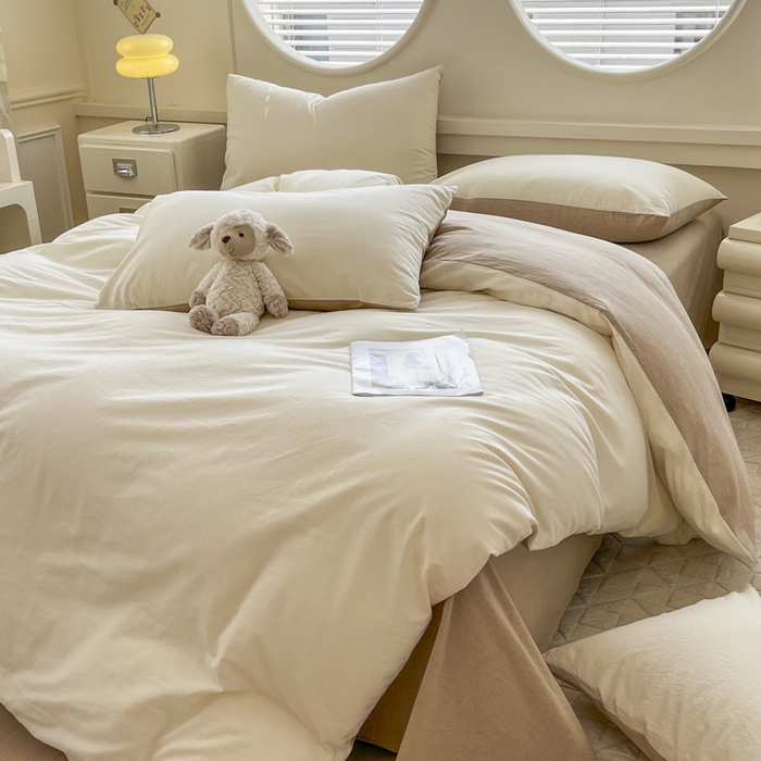 91家纺网 家纺一手货源 找家纺 菡宝 【不断货 预留5公分缩水】a类母婴级纯棉全棉色织水洗棉四件套 支持定制定做尺寸 奶昔白米卡其