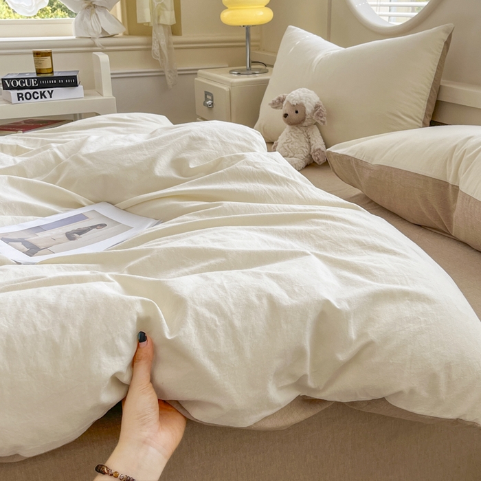 91家纺网 家纺一手货源 找家纺 菡宝 【不断货 预留5公分缩水】a类母婴级纯棉全棉色织水洗棉四件套 支持定制定做尺寸 奶昔白米卡其