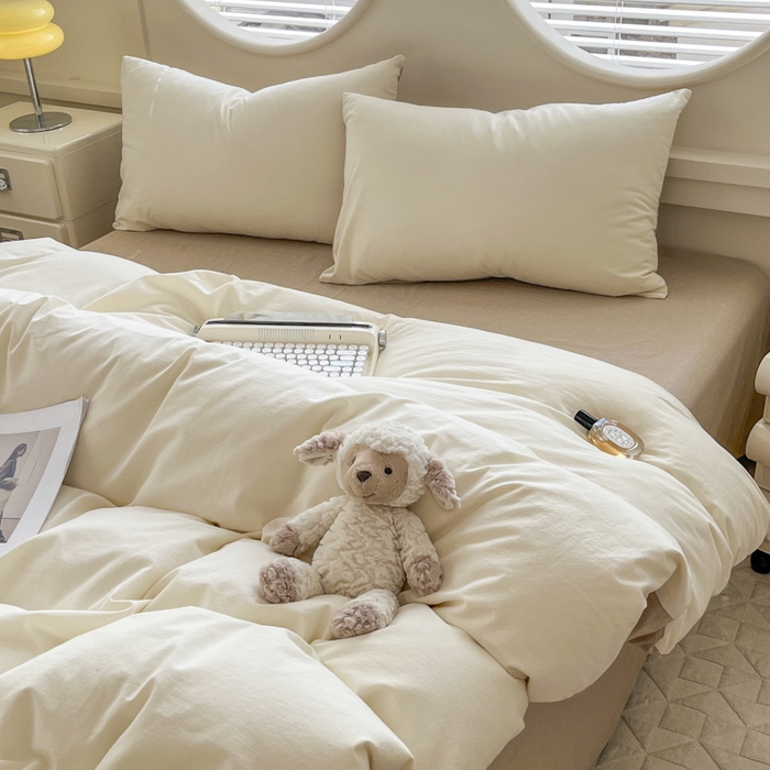 91家纺网 家纺一手货源 找家纺 菡宝 【不断货 预留5公分缩水】a类母婴级纯棉全棉色织水洗棉四件套 支持定制定做尺寸 奶昔白米卡其