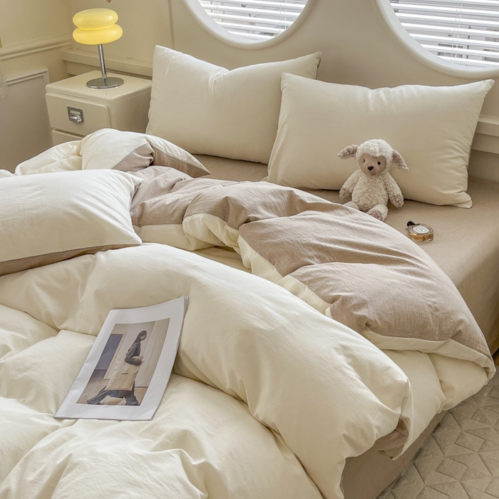 91家纺网 家纺一手货源 找家纺 菡宝 【不断货 预留5公分缩水】a类母婴级纯棉全棉色织水洗棉四件套 支持定制定做尺寸 奶昔白米卡其