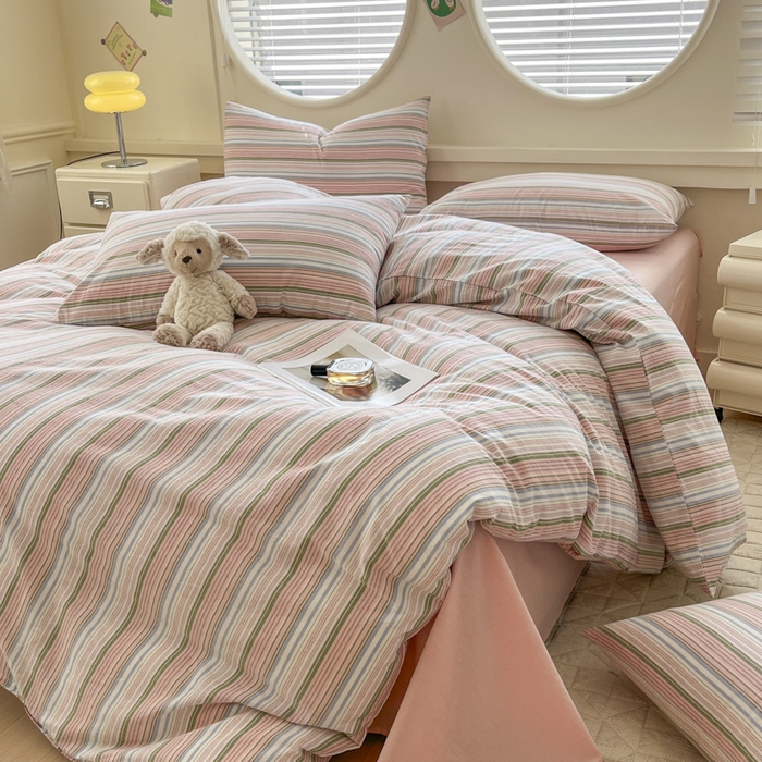 91家纺网 家纺一手货源 找家纺 菡宝 【不断货 预留5公分缩水】a类母婴级纯棉全棉色织水洗棉四件套 支持定制定做尺寸 夏沫-可可粉