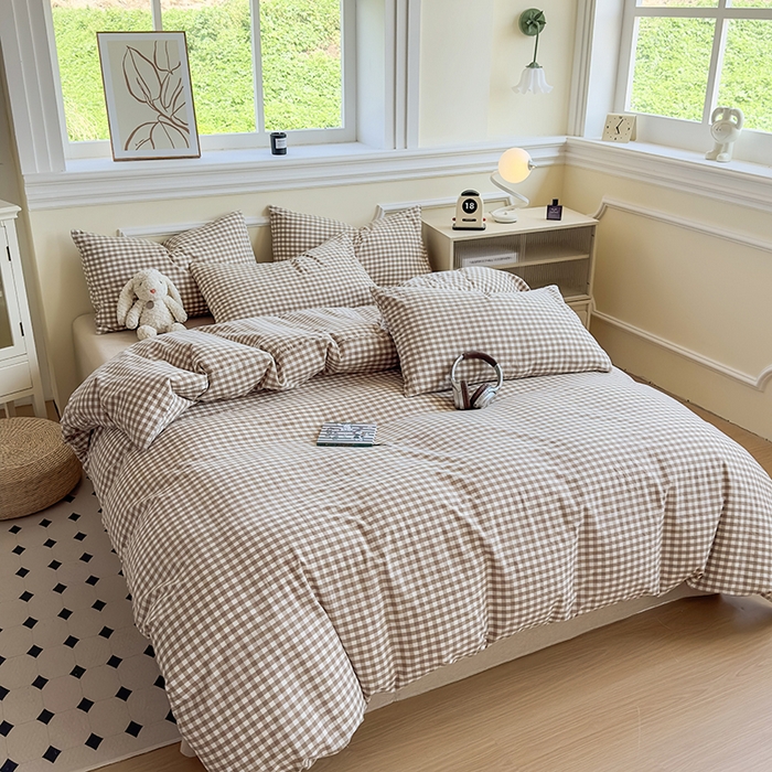 91家纺网 家纺一手货源 找家纺 菡宝 【不断货 预留5公分缩水】a类母婴级纯棉全棉色织水洗棉四件套 支持定制定做尺寸 棕小格