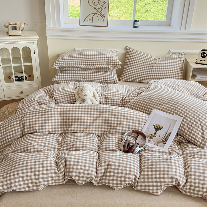 91家纺网 家纺一手货源 找家纺 菡宝 【不断货 预留5公分缩水】a类母婴级纯棉全棉色织水洗棉四件套 支持定制定做尺寸 棕小格