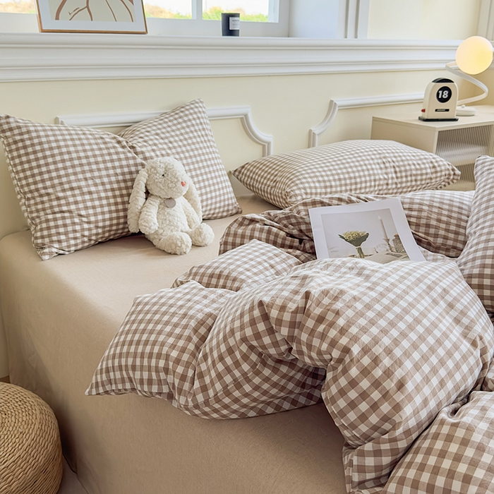 91家纺网 家纺一手货源 找家纺 菡宝 【不断货 预留5公分缩水】a类母婴级纯棉全棉色织水洗棉四件套 支持定制定做尺寸 棕小格