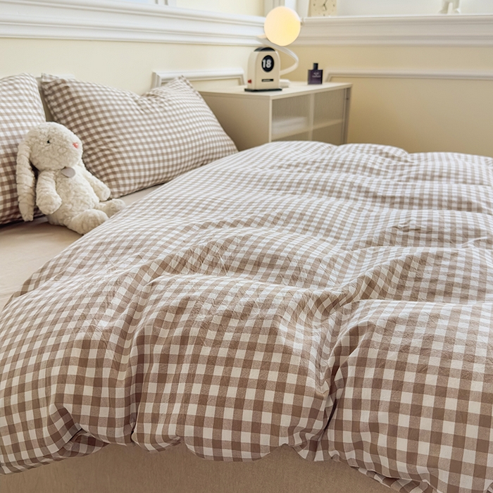 91家纺网 家纺一手货源 找家纺 菡宝 【不断货 预留5公分缩水】a类母婴级纯棉全棉色织水洗棉四件套 支持定制定做尺寸 棕小格