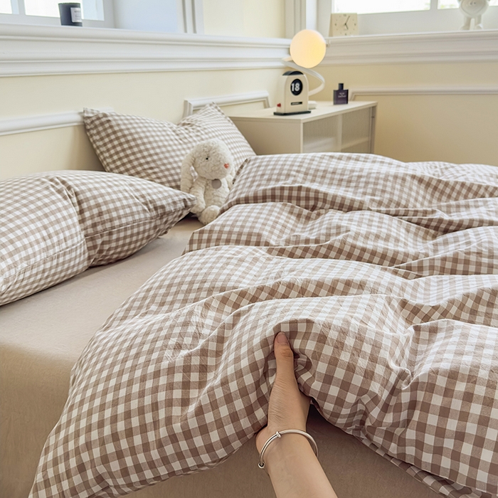 91家纺网 家纺一手货源 找家纺 菡宝 【不断货 预留5公分缩水】a类母婴级纯棉全棉色织水洗棉四件套 支持定制定做尺寸 棕小格