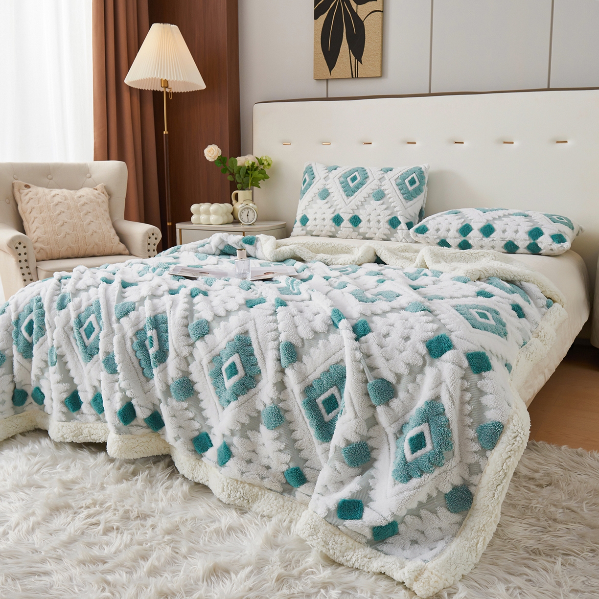 91家纺网 家纺一手货源 找家纺 枋梢家纺 2025新款阳离子羊羔绒毛毯盖毯毯子波西米亚系列 菱格-雅青