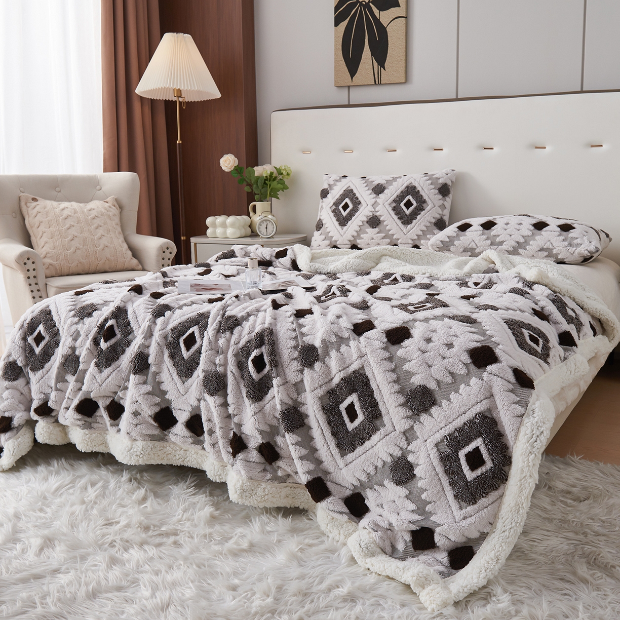 91家纺网 家纺一手货源 找家纺 枋梢家纺 2025新款阳离子羊羔绒毛毯盖毯毯子波西米亚系列 菱格-深咖色