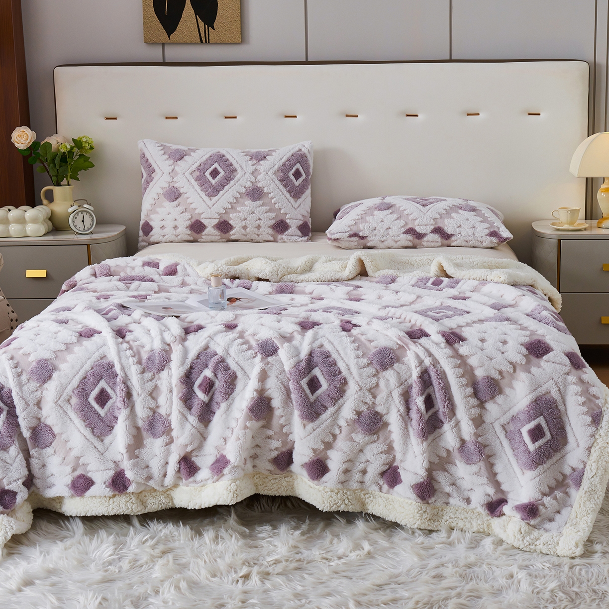 91家纺网 家纺一手货源 找家纺 枋梢家纺 2025新款阳离子羊羔绒毛毯盖毯毯子波西米亚系列 菱格-幽紫